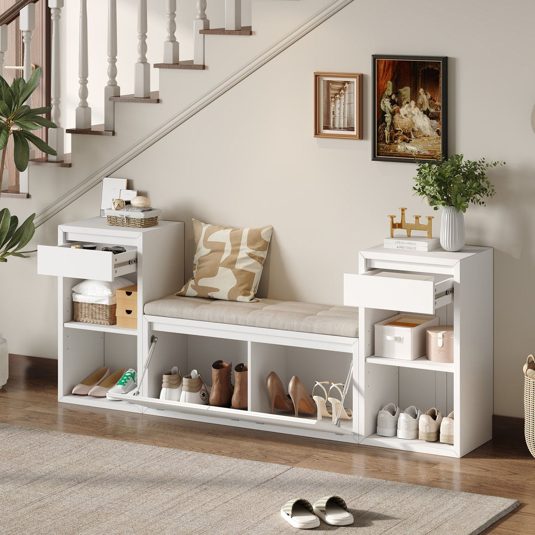 Entryway Storage Bench With Cushion, Drawers &amp; Open Shelves