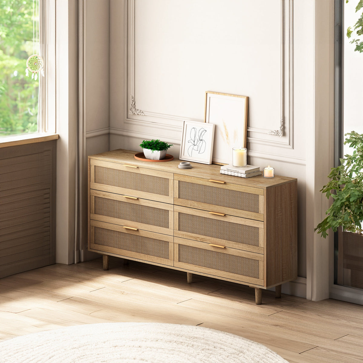 Storage Made Stylish: 59.06" 6-Drawer Rattan Storage Cabinet