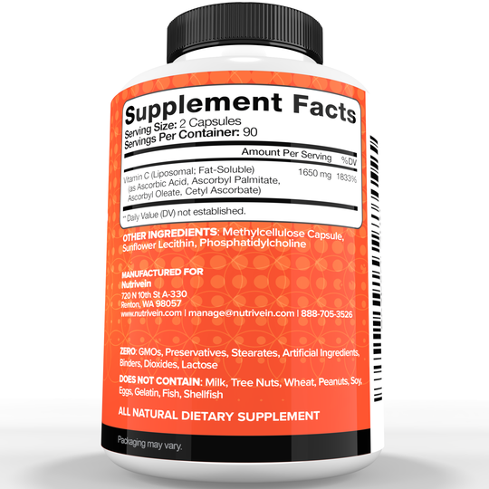 Nutrivein Liposomal Vitamin C Supplement 1650 mg - 180 Capsules, High Dose