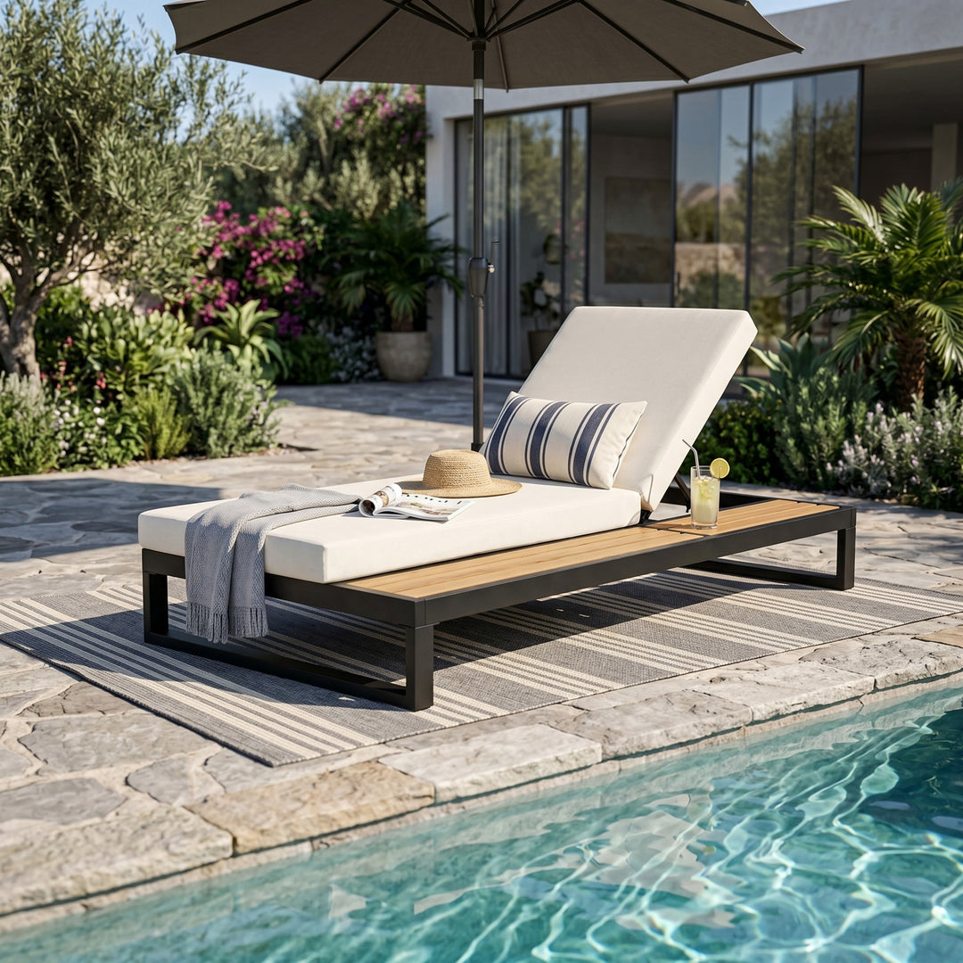 Black Iron &amp; Teak Finish Chaise Lounge Set