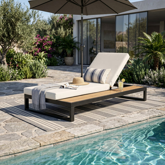 Black Iron &amp; Teak Finish Chaise Lounge Set