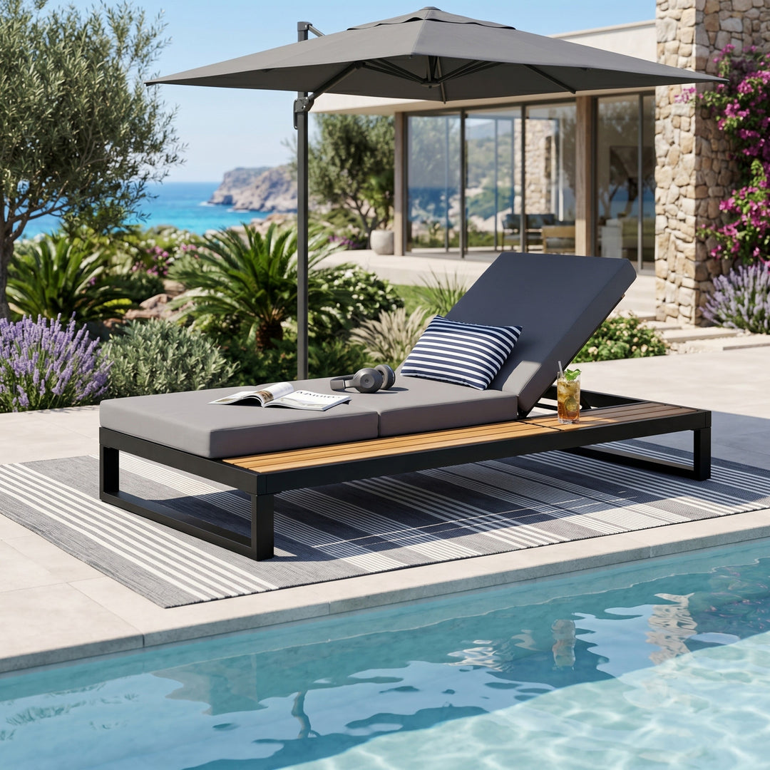 Black Iron &amp; Teak Finish Chaise Lounge Set: 1 Frame + 1 3-Fold Dark Cushion