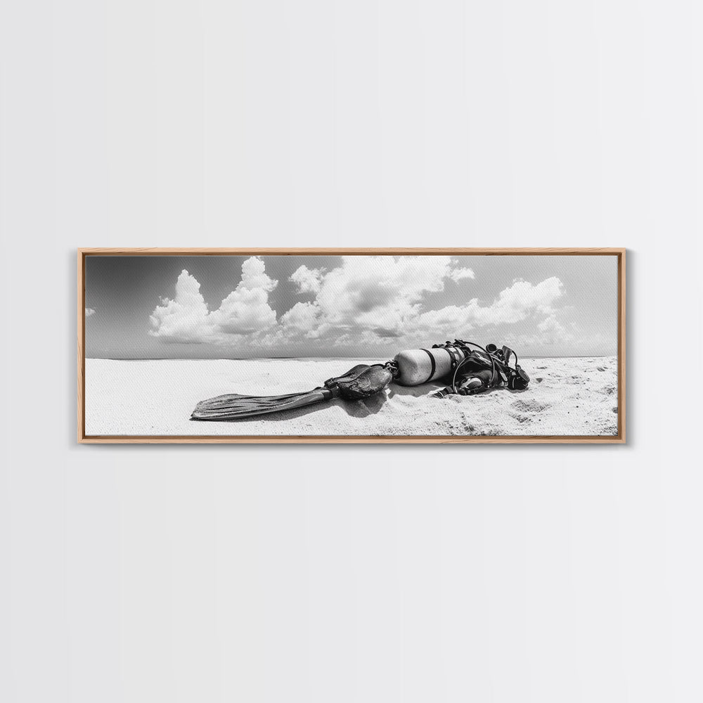 Scuba Gear, Deserted Beach, Ocean Explorer, Framed Canvas Print, minimalist beach decor, scuba diver gift, ocean wall art, travel lover art