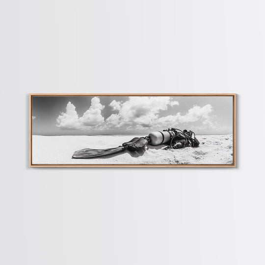 Scuba Gear, Deserted Beach, Ocean Explorer, Framed Canvas Print, minimalist beach decor, scuba diver gift, ocean wall art, travel lover art