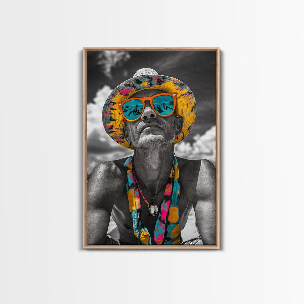 Beach Guy Portrait, Summer Sunglasses, Boho Vibe, Framed Canvas Print, Surf Shack Decor, Eclectic Wall Art, Travel Inspired Design