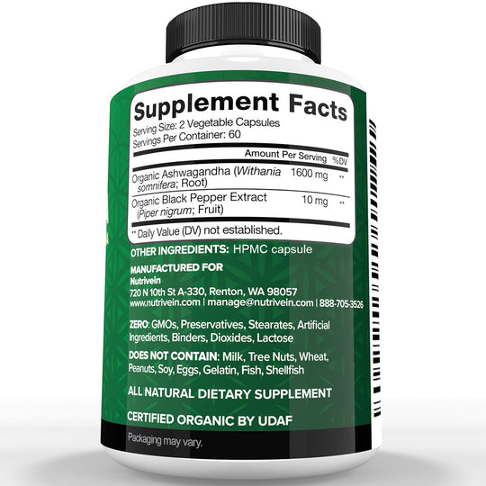 Nutrivein Premium Ashwagandha Supplement 1600mg - 120 Capsules