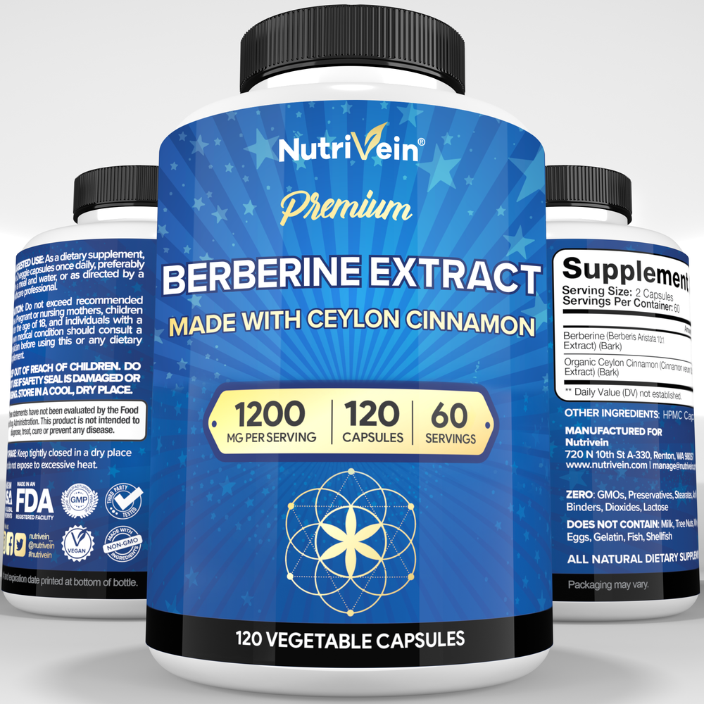 Nutrivein Premium Berberine 1200 mg with Ceylon Cinnamon - 120 Capsules