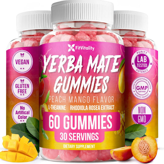 Yerba Mate Gummies – Super Focus &amp; Energy Support – Formulated with Yerba Mate Extract, L-Theanine, Rhodiola, Ginseng, Choline, B12 – Peach Mango Flavor