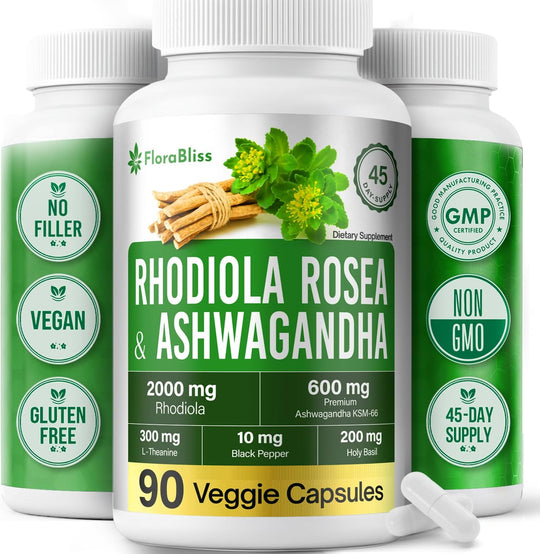 Rhodiola Rosea 2000mg with Ashwagandha KSM-66, L-Theanine, Holy Basil &amp; BioPerine - High Potency Vegan Capsules