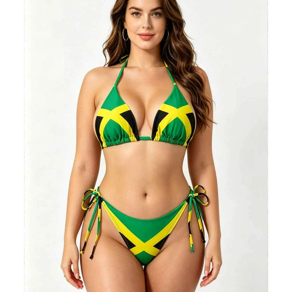 Jamaica Flag Print Women's Triangle Bikini Set - Halter Top & High Cut Bottom