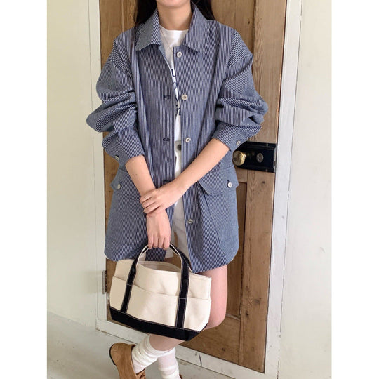 Commuter-style Relaxed-fit Striped Long-sleeve Shirt Jacket