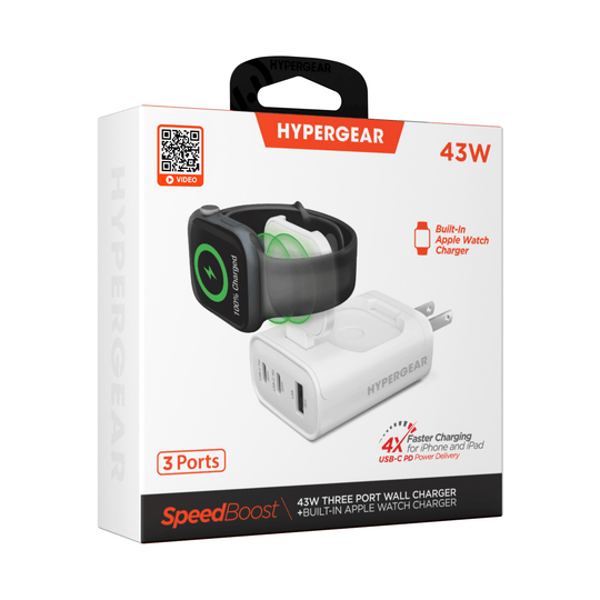 HyperGear SpeedBoost 43W 3-Port Fast Phone and Watch Wall Charger