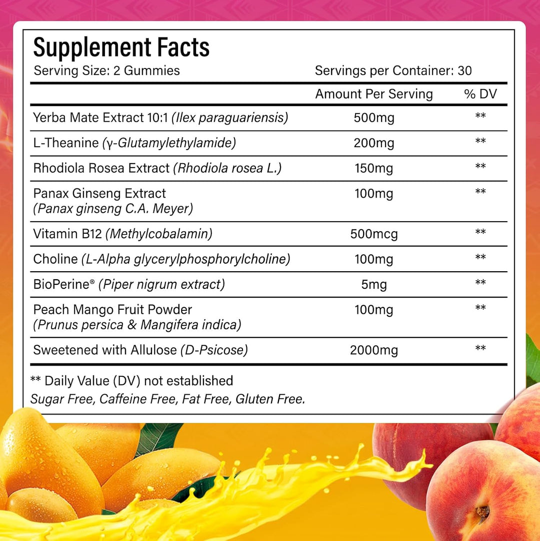 Yerba Mate Gummies – Super Focus &amp; Energy Support – Formulated with Yerba Mate Extract, L-Theanine, Rhodiola, Ginseng, Choline, B12 – Peach Mango Flavor
