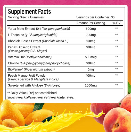 Yerba Mate Gummies – Super Focus &amp; Energy Support – Formulated with Yerba Mate Extract, L-Theanine, Rhodiola, Ginseng, Choline, B12 – Peach Mango Flavor
