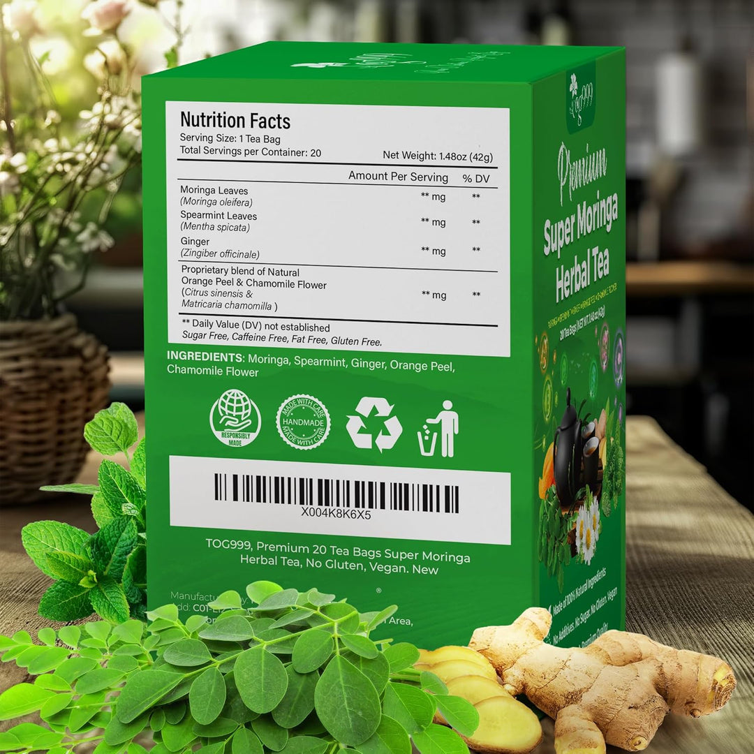 Super Moringa Herbal Tea, Improve Digestion, Support Brain, Weight, Skin and Sleep, Eco-Conscious Tea Bags