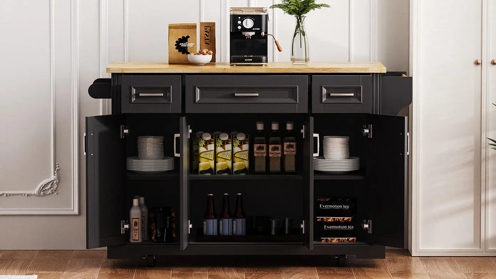 K&K 54-Inch Large Kitchen Island with Rubber Wood Drop Leaf