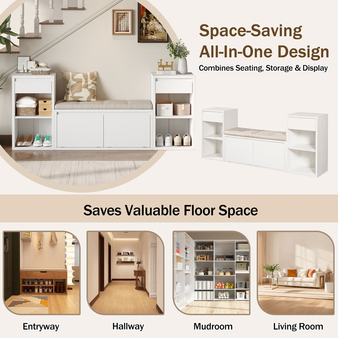 Entryway Storage Bench With Cushion, Drawers &amp; Open Shelves