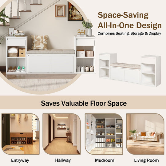 Entryway Storage Bench With Cushion, Drawers &amp; Open Shelves