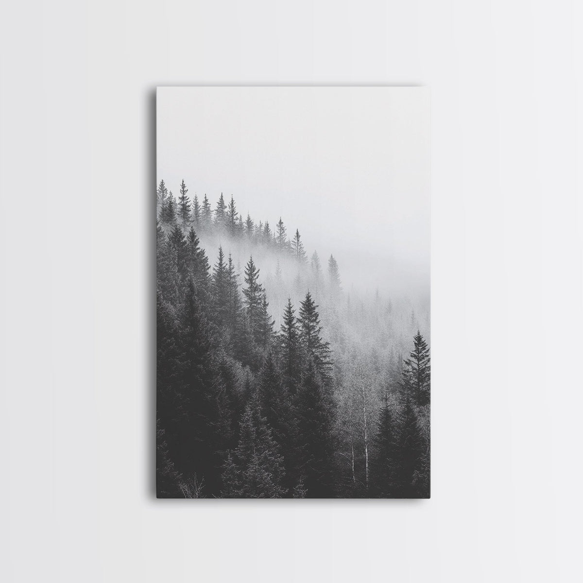 Misty Forest, Pine Trees, Foggy Morning, Canvas Print, Moody Nature Wall Art, Nordic Bedroom Decor, Monochrome Forest Landscape