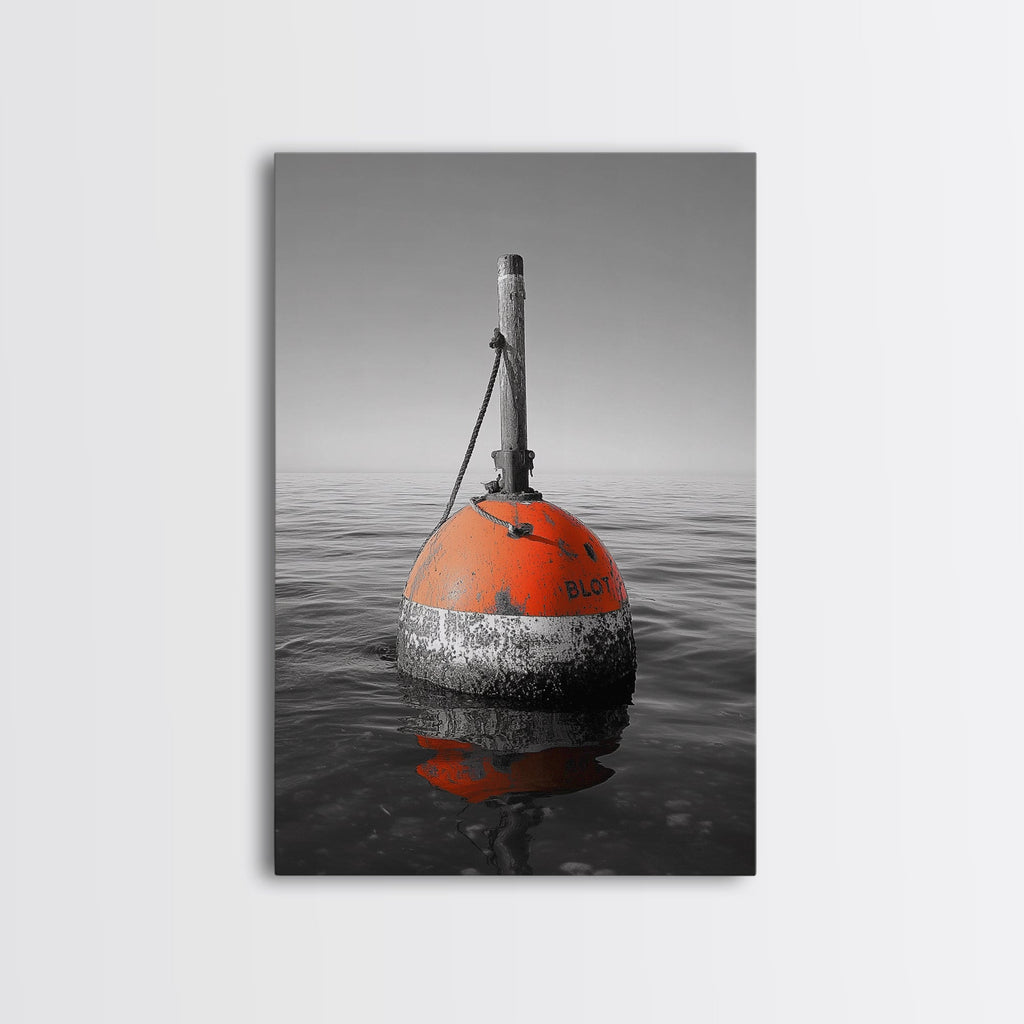 Ocean Buoy, Red Marker, Maritime Minimalism, Canvas Print, Coastal Bathroom Art, Nautical Wall Decor, Marine Industrial Aesthetic