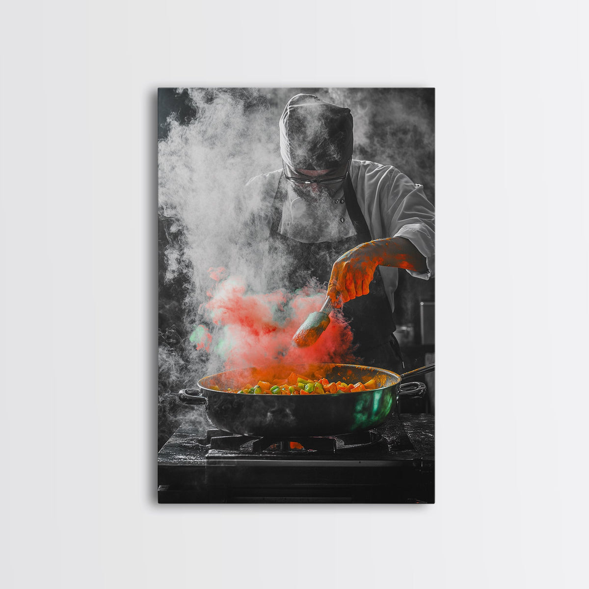 Chef Cooking, Kitchen Smoke, Artistic Culinary Scene, Framed Canvas Print, Modern Kitchen Wall Art, Vibrant Food Art, Chef Decor
