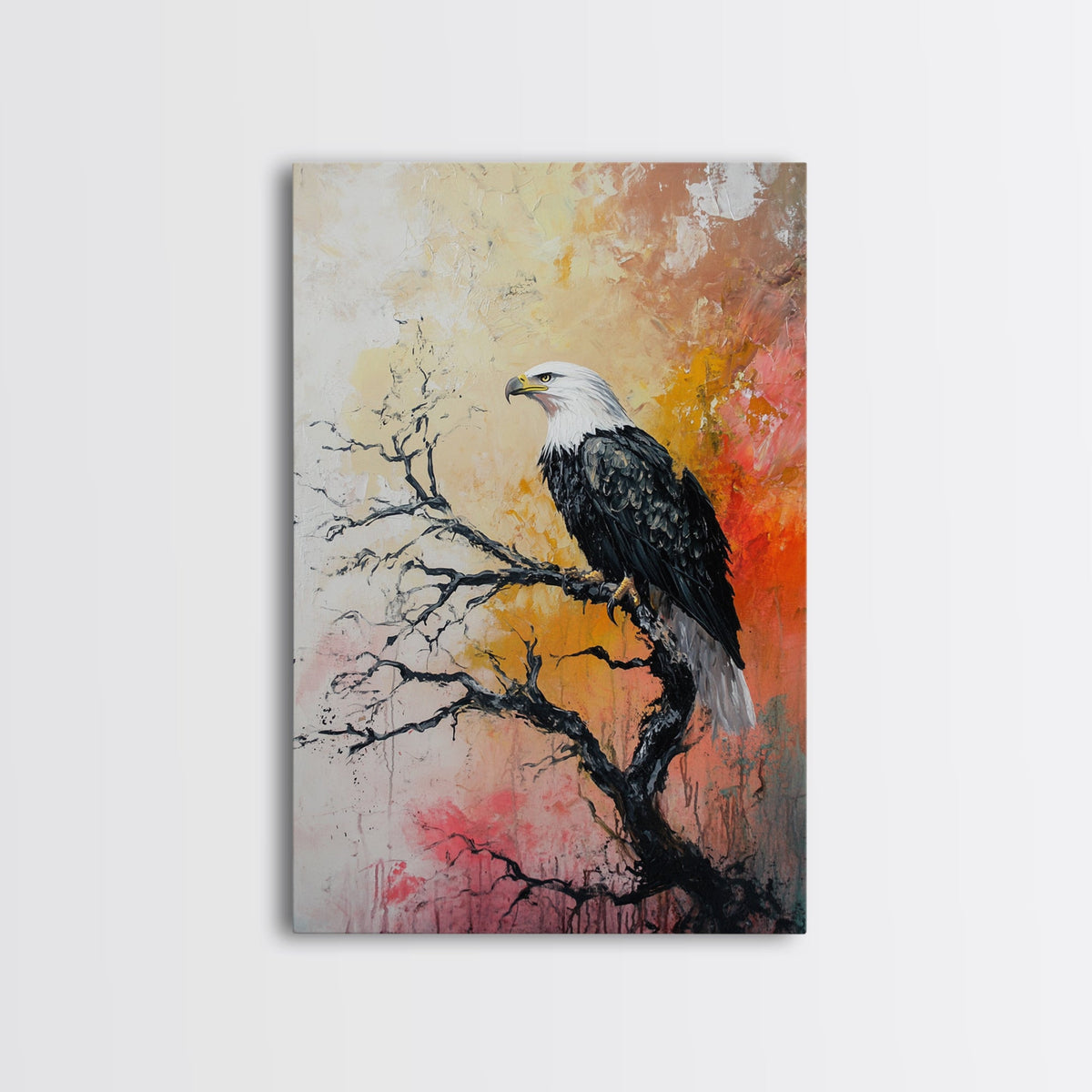 Eagle on Branch, textured painting, wildlife wall art, rustic art, autumn colors, farmhouse decor, framed canvas print, bird art