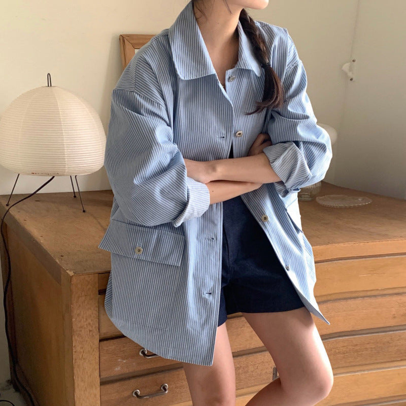 Commuter-style Relaxed-fit Striped Long-sleeve Shirt Jacket
