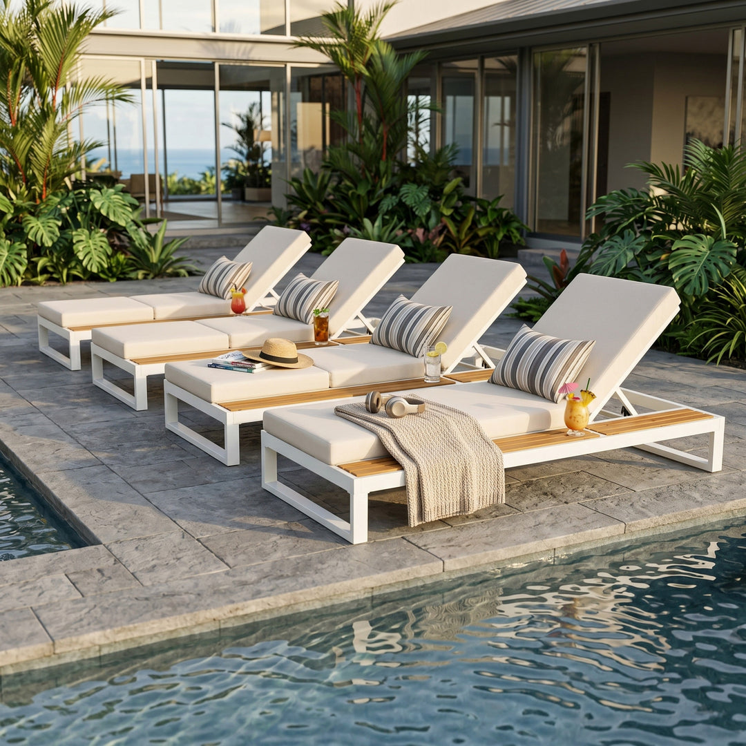 White Iron &amp; Teak Finish Chaise Lounge Set