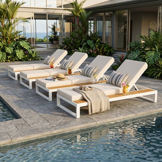 White Iron &amp; Teak Finish Chaise Lounge Set