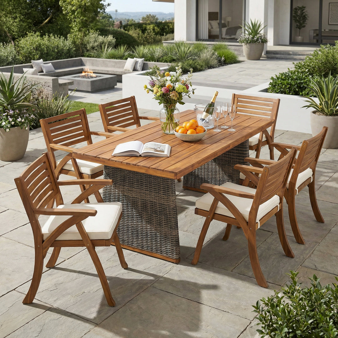 Outdoor 7 Pieces Acacia Wood Dining Set with Handwoven Rattan Legs