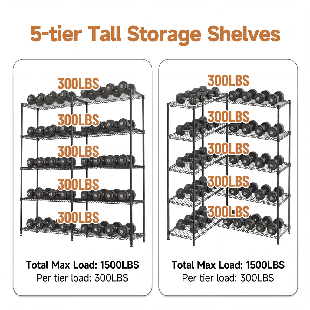 5 Tiers Metal Storage Shelves - Load 1500LBS