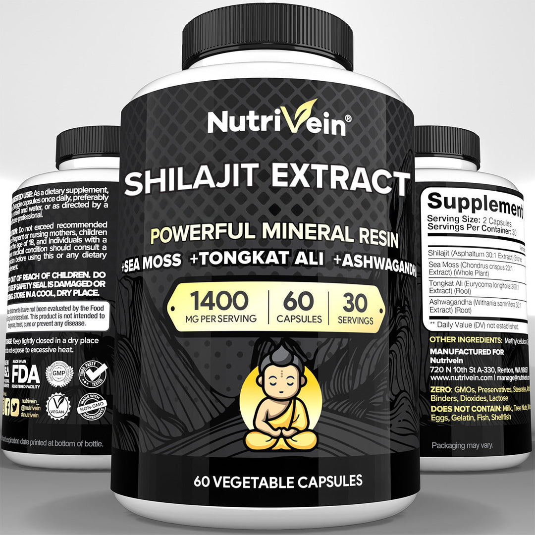 Nutrivein Premium Shilajit – Himalayan Origin for Men &amp; Women - 1500 mg - 60 Capsules