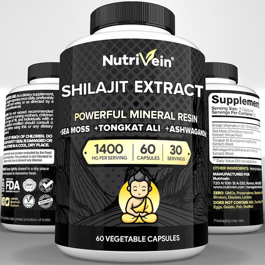 Nutrivein Premium Shilajit – Himalayan Origin for Men &amp; Women - 1500 mg - 60 Capsules