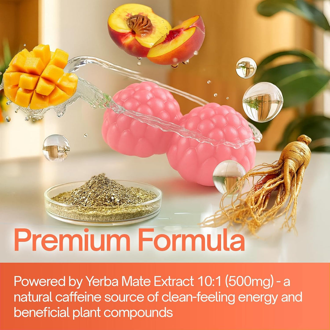 Yerba Mate Gummies – Super Focus &amp; Energy Support – Formulated with Yerba Mate Extract, L-Theanine, Rhodiola, Ginseng, Choline, B12 – Peach Mango Flavor