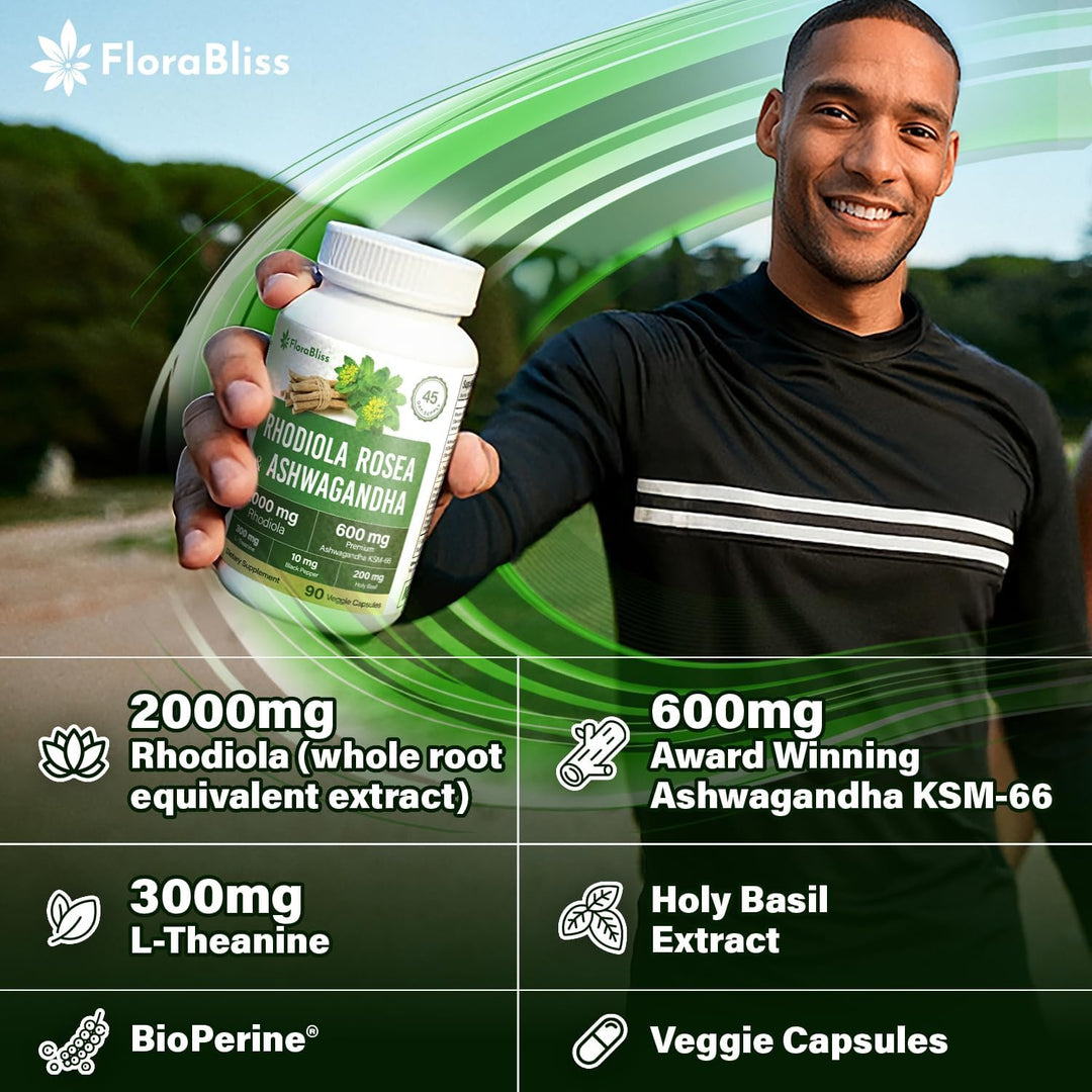 Rhodiola Rosea 2000mg with Ashwagandha KSM-66, L-Theanine, Holy Basil &amp; BioPerine - High Potency Vegan Capsules