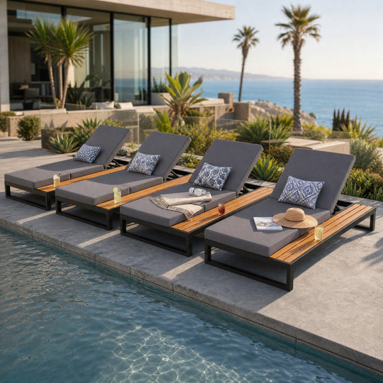 Black Iron &amp; Teak Finish Chaise Lounge Set: 1 Frame + 1 3-Fold Dark Cushion