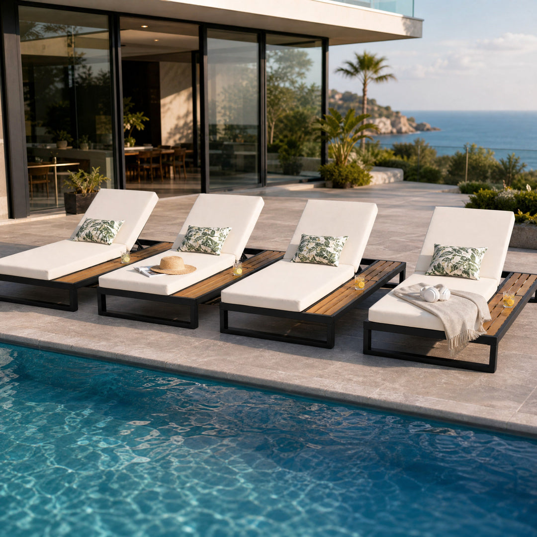 Black Iron &amp; Teak Finish Chaise Lounge Set
