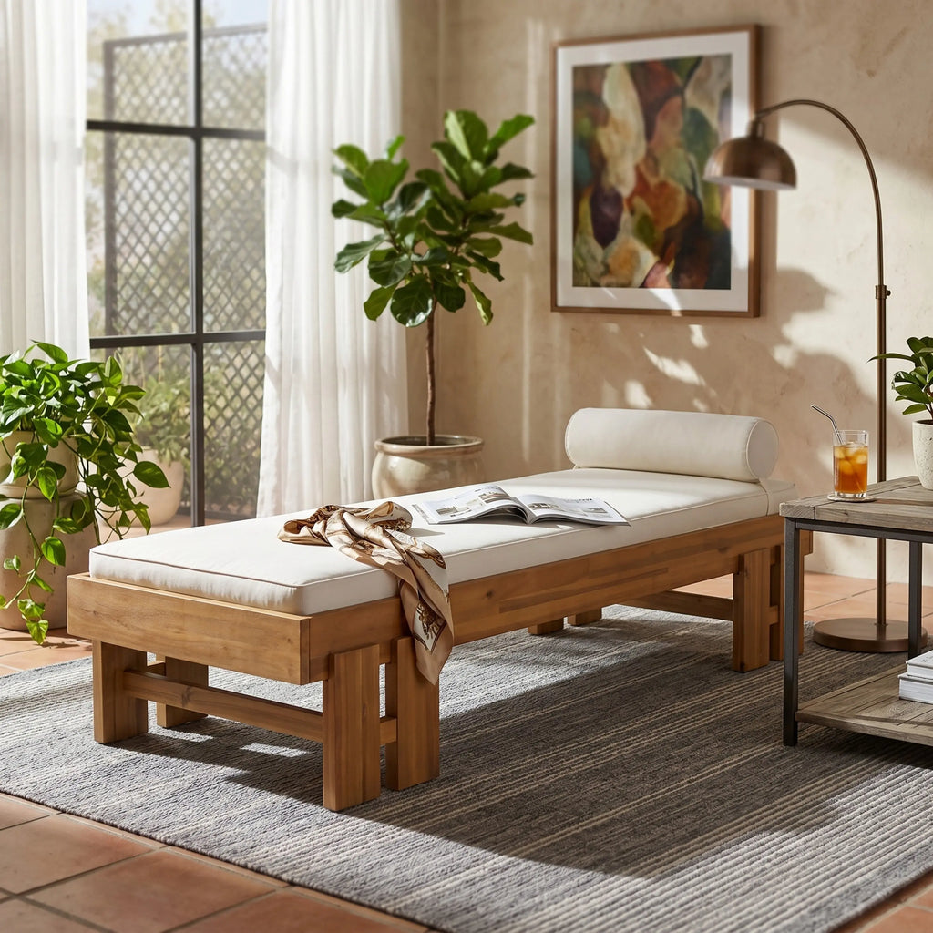 Daybed: Teak Finish Acacia Wood with Luxurious Cream Cushion
