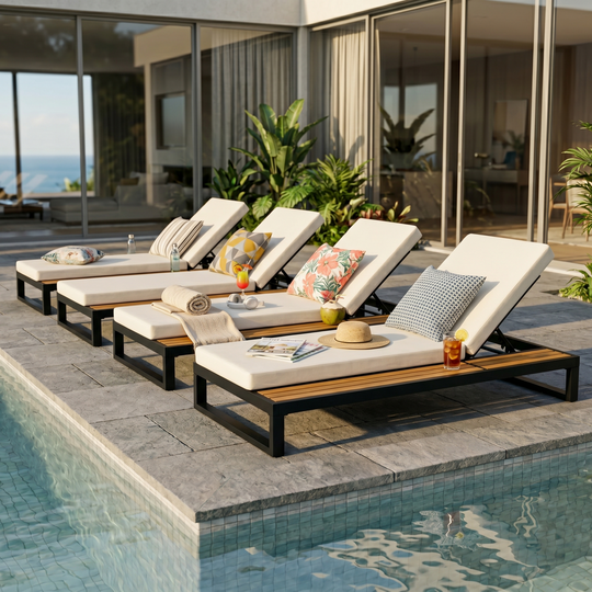 Black Iron &amp; Teak Finish Chaise Lounge Set