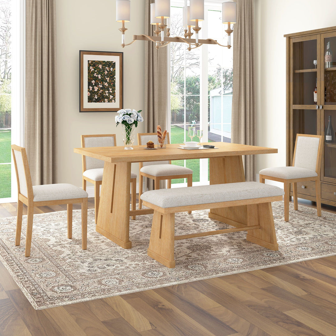 Dining Set With Rectangular Table, 4 Upholstered Chairs &amp; 1 Padded Bench
