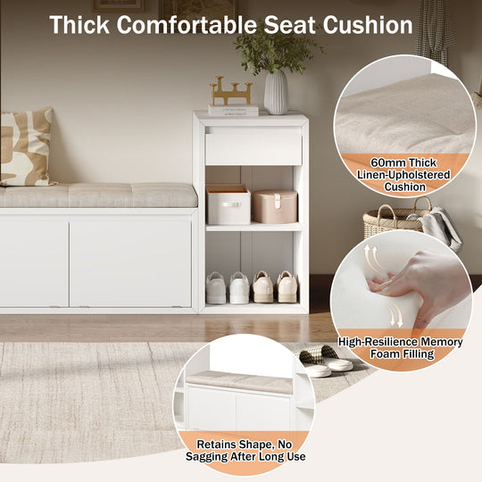 Entryway Storage Bench With Cushion, Drawers &amp; Open Shelves
