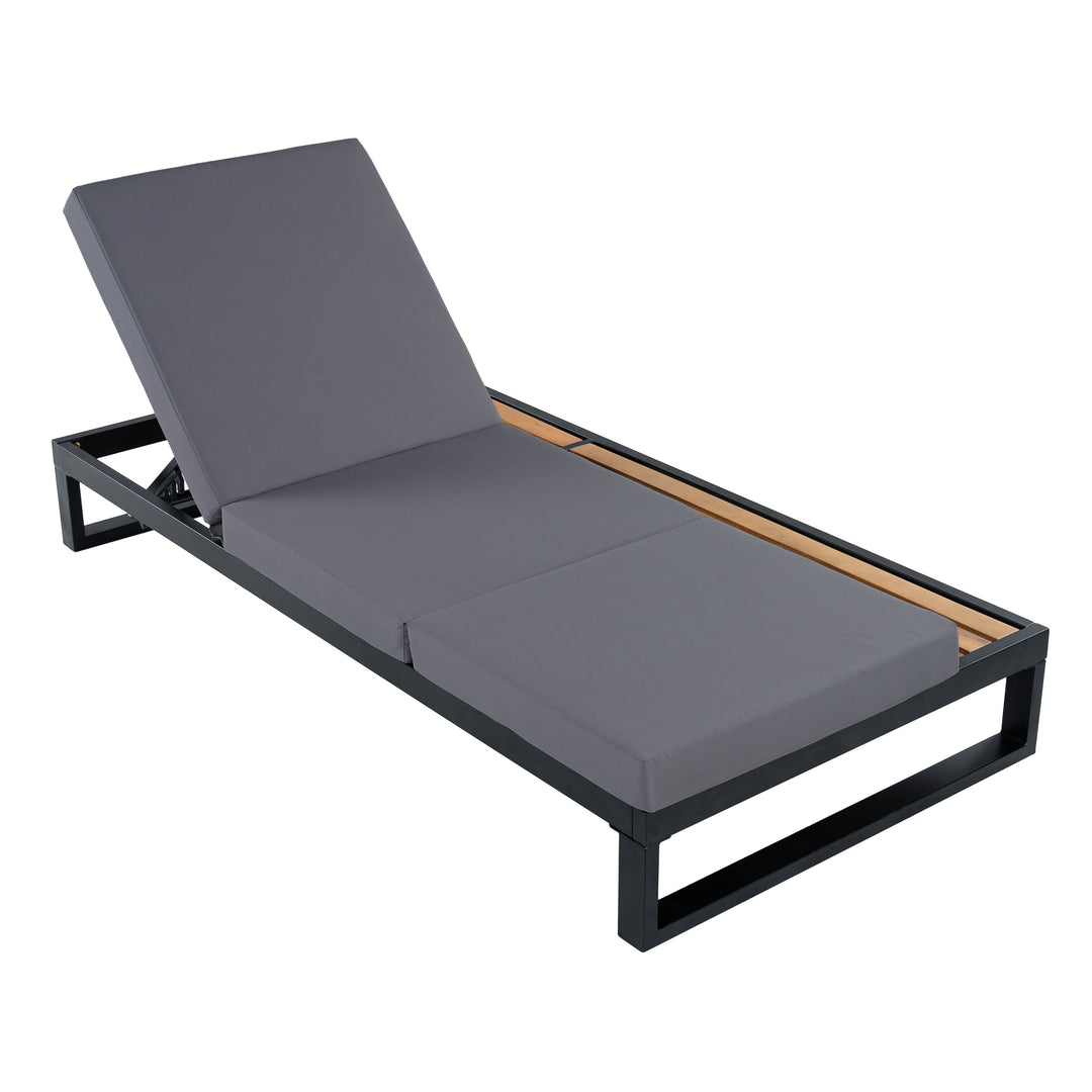 Black Iron &amp; Teak Finish Chaise Lounge Set: 1 Frame + 1 3-Fold Dark Cushion