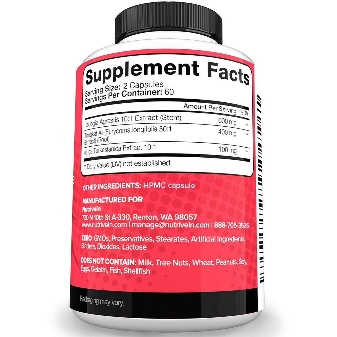 Nutrivein Premium Fadogia Agrestis and Tongkat Ali Supplement with Turkesterone - 1100 mg - 120 Caps