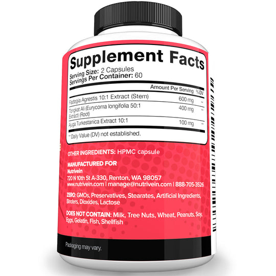 Nutrivein Premium Fadogia Agrestis and Tongkat Ali Supplement with Turkesterone - 1100 mg - 120 Caps