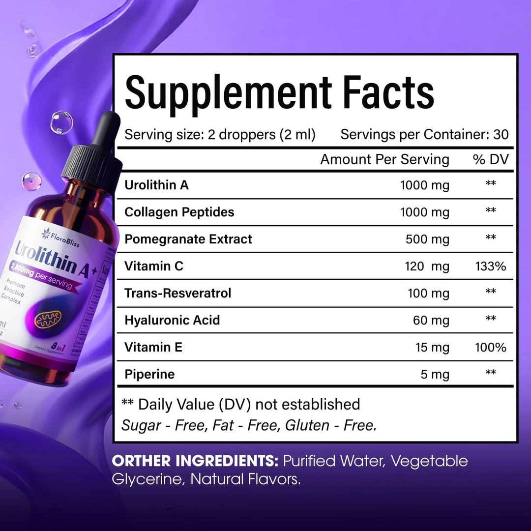 Urolithin A Supplement 2800 mg Liquid Drops | with Trans-Resveratrol, Collagen Peptides, Pomegranate Extract, Hyaluronic Acid, Vitamin E &amp; C