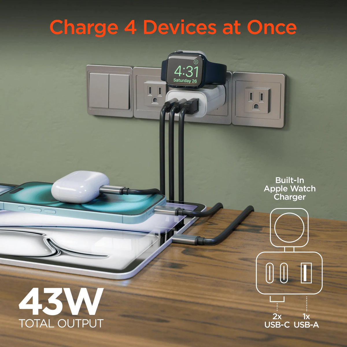 SpeedBoost 43W 3-Port Fast Charger for Phone and Watch