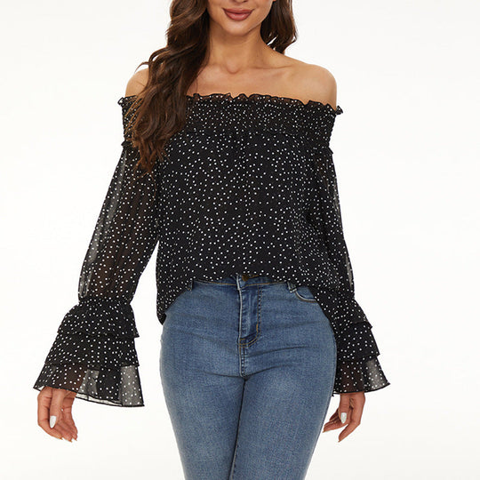 Off-shoulder Casual Long-sleeve Chiffon Top With Polka Dots