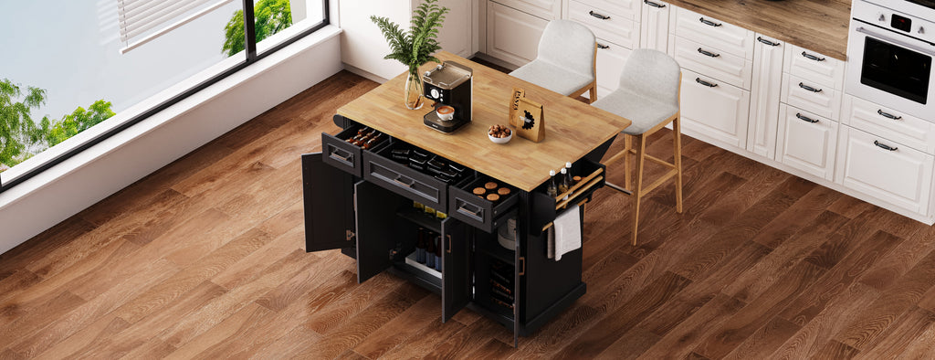 K&K 54-Inch Large Kitchen Island with Rubber Wood Drop Leaf
