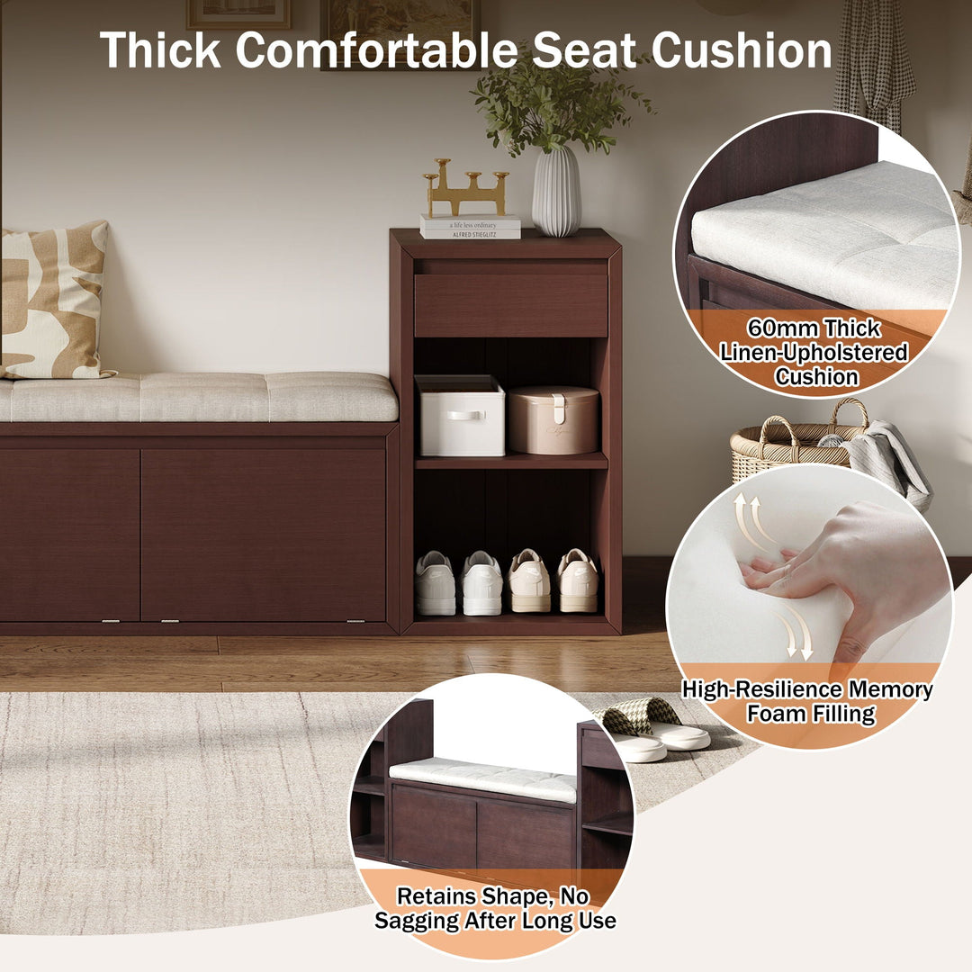 Entryway Storage Bench With Cushion, Drawers &amp; Open Shelves