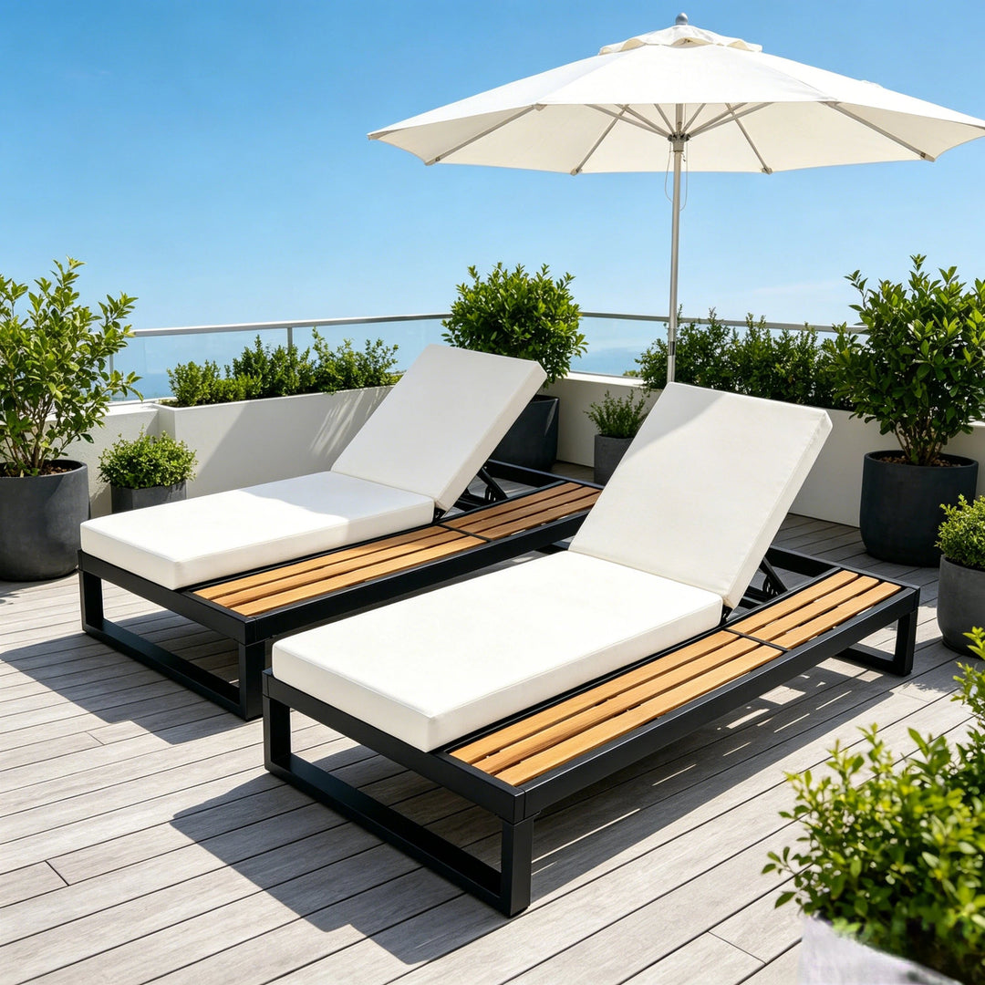 Black Iron &amp; Teak Finish Chaise Lounge Set
